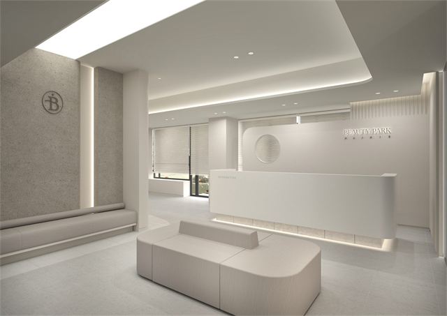 Design rendering of the reception desk and waiting seats at Beauty Park Skin Clinic Beomeo