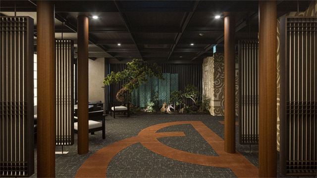 Entrance hall with wooden pillars and lattice panels at DayBeau Skin Clinic Myeongdong Premium