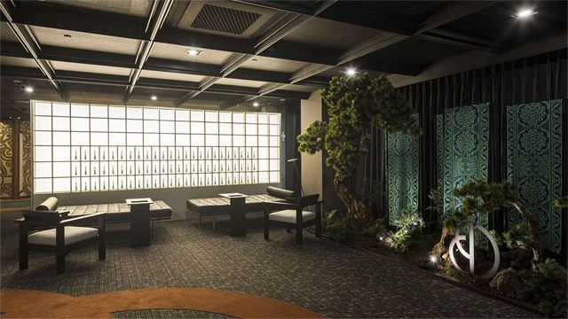 Patient lounge with a lit paper-screen wall and a bonsai garden at DayBeau Skin Clinic Myeongdong Premium