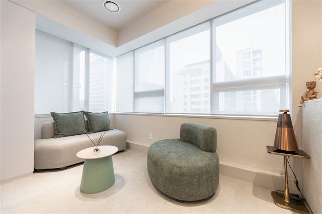 Private lounge by the window with a sofa and armchair at Will Be Plastic Surgery